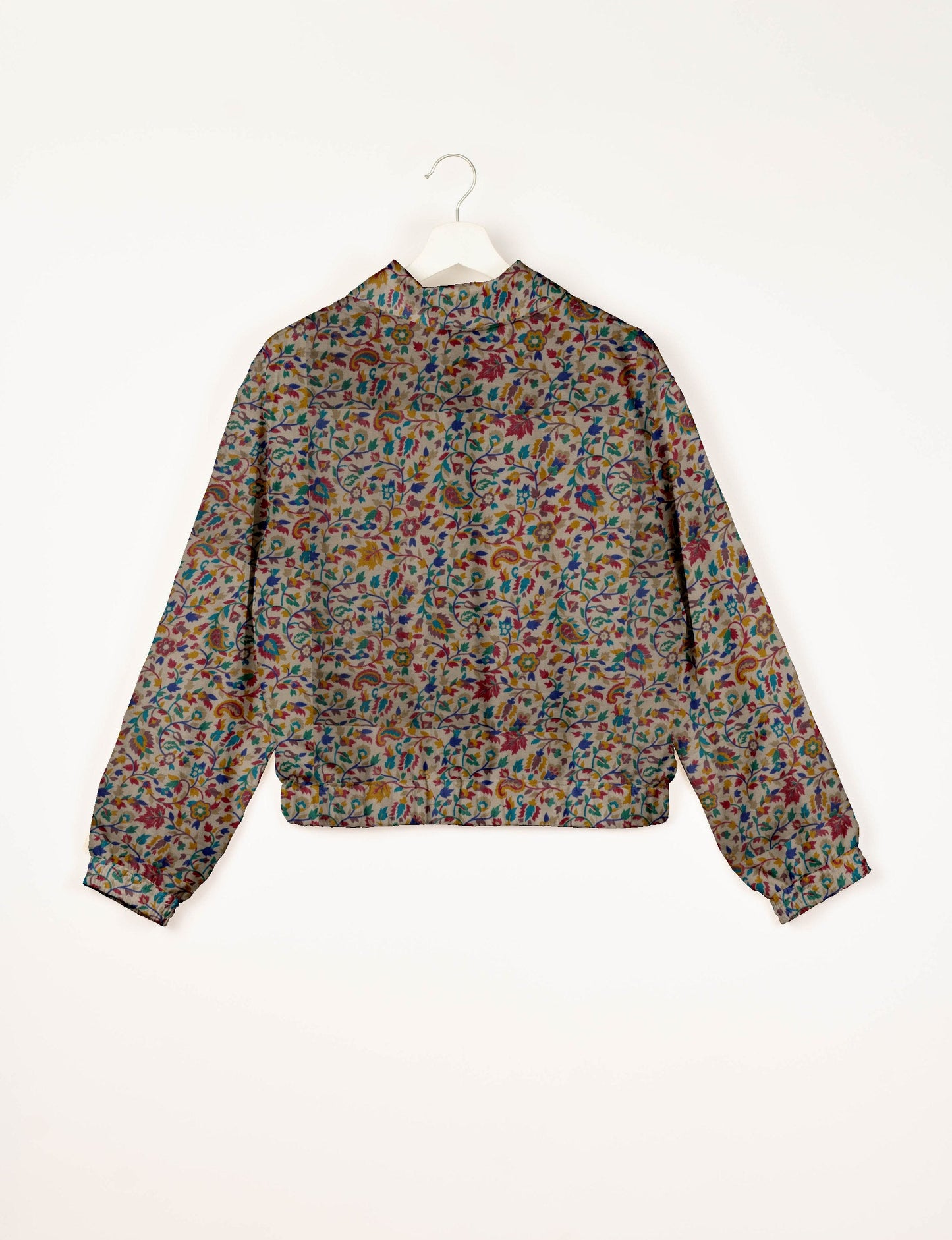 Love Bomber Jacket made from recycled fabric, featuring hand-stitched Aari embroidery. A unique piece of zero-waste clothing, part of the circular fashion movement. Designed with upcycled materials for a stylish yet environmentally friendly clothing choice.