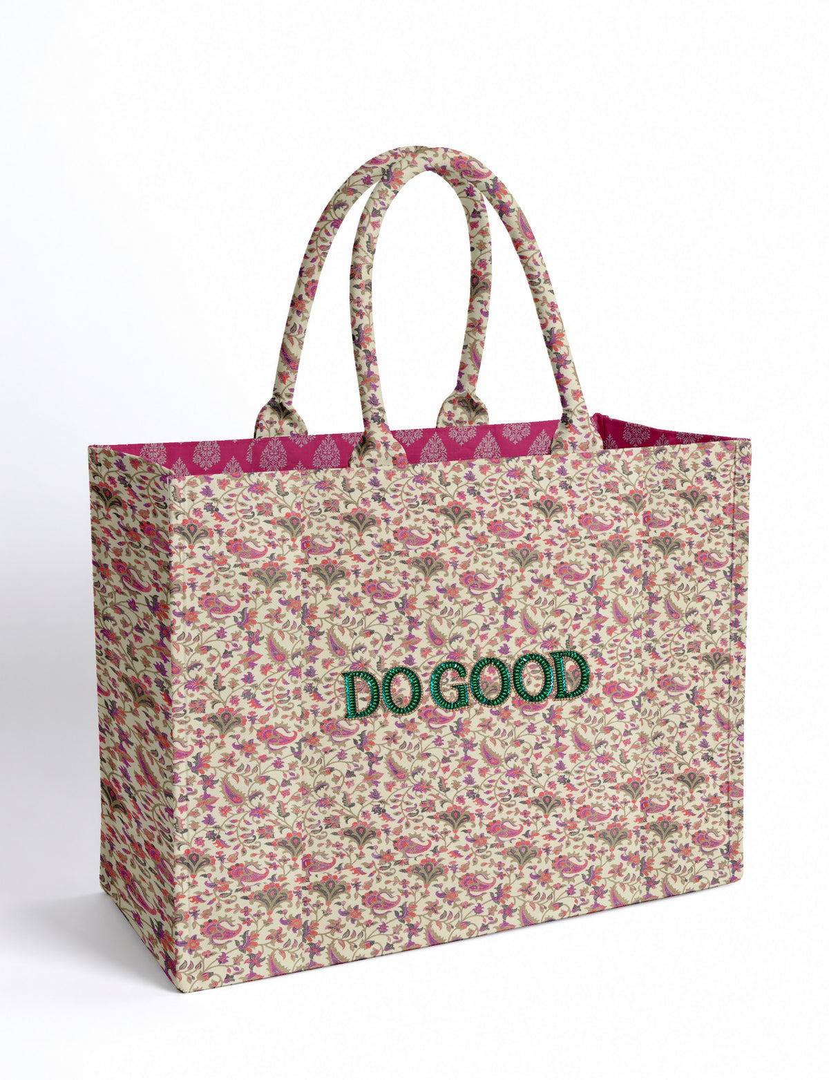Structured DO GOOD work tote bag featuring embroidered appliqué lettering on the front, double padded shoulder handles and an internal zippered pocket.
