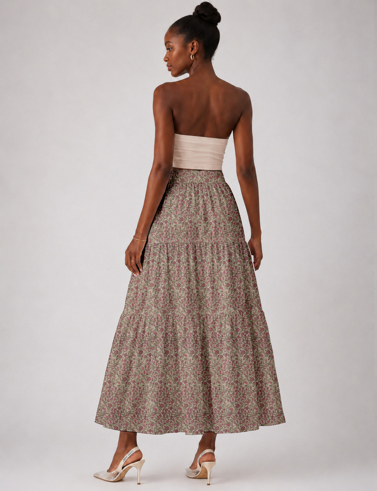 Midi Tiered Skirt - Beige Tropical