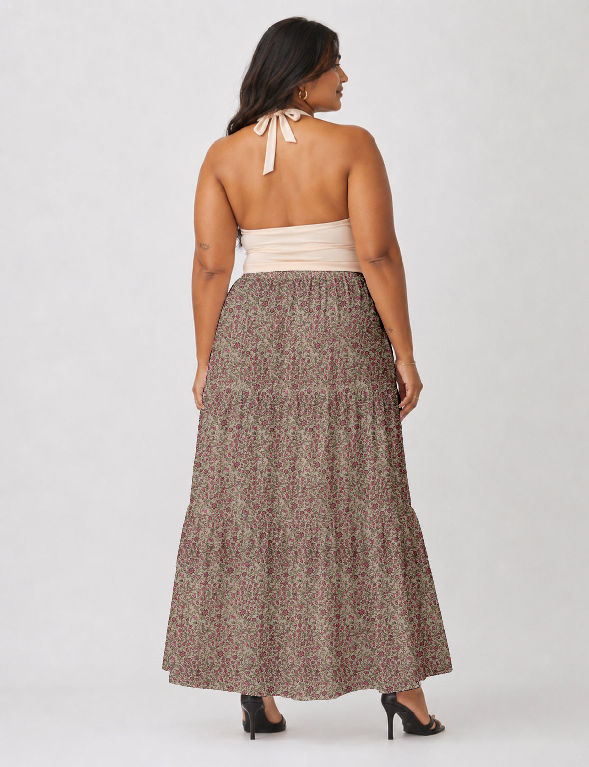 Midi Tiered Skirt - Beige Tropical