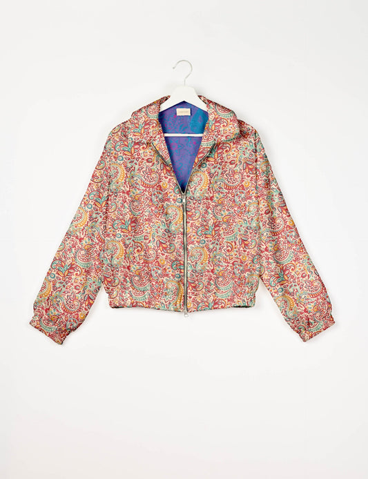 Stylish BOMBER JACKET, an upcycled clothing masterpiece with a cute cropped shape, elasticated details, and detachable metallic zipper. Contrast sari print lining adds a unique touch. Explore sustainable and eco-friendly fashion.