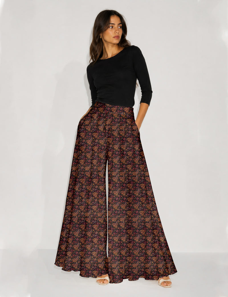 Wide Leg Palazzo Trousers - Black Floral