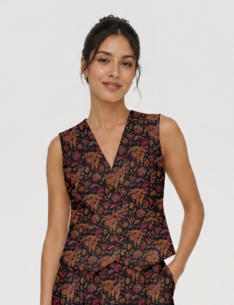 Women's fitted waistcoat with V-neck, single-breasted button closure, tailored silhouette, and pointed hem in sustainable fashion.