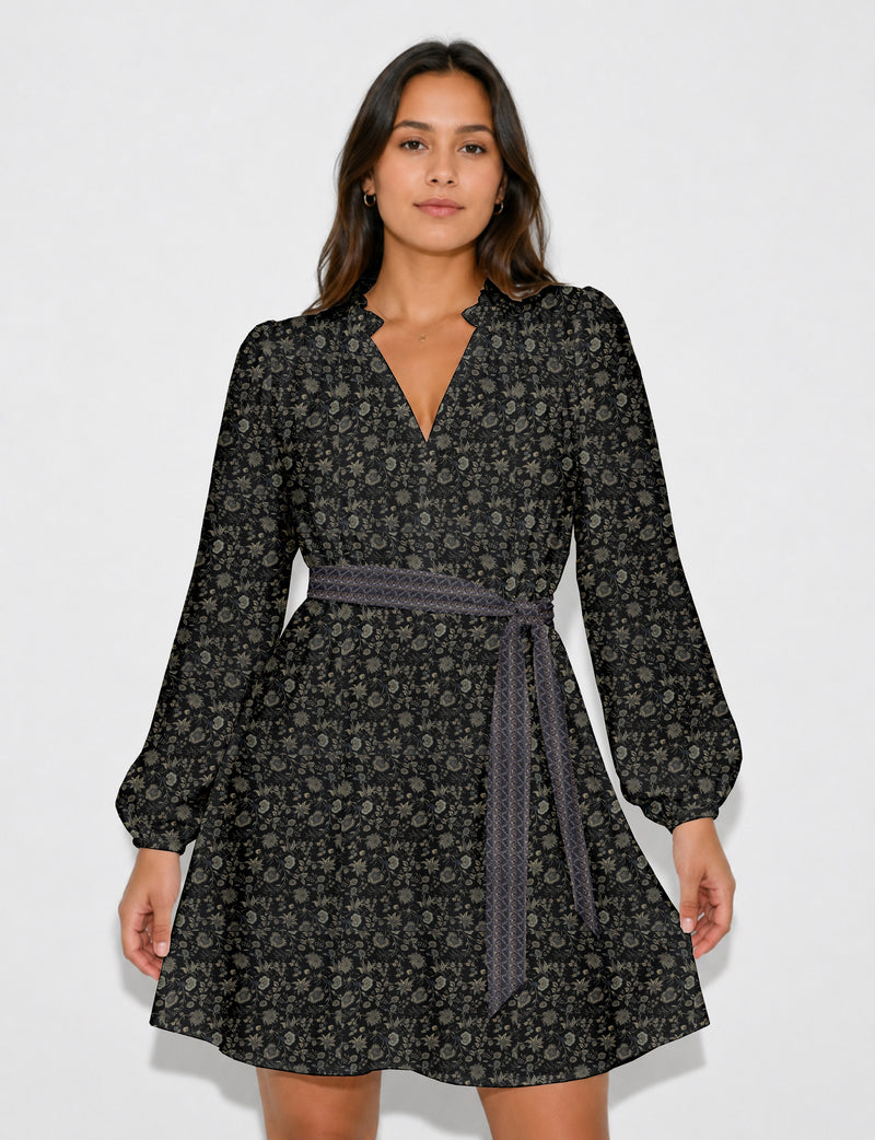 Swing dress with belt - Black Floral