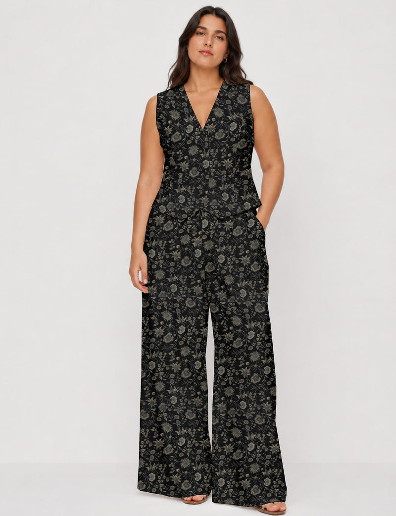 Women's tailored waistcoat set with a sleeveless V-neck button-front waistcoat and high-rise wide leg trousers in a coordinated matching outfit.