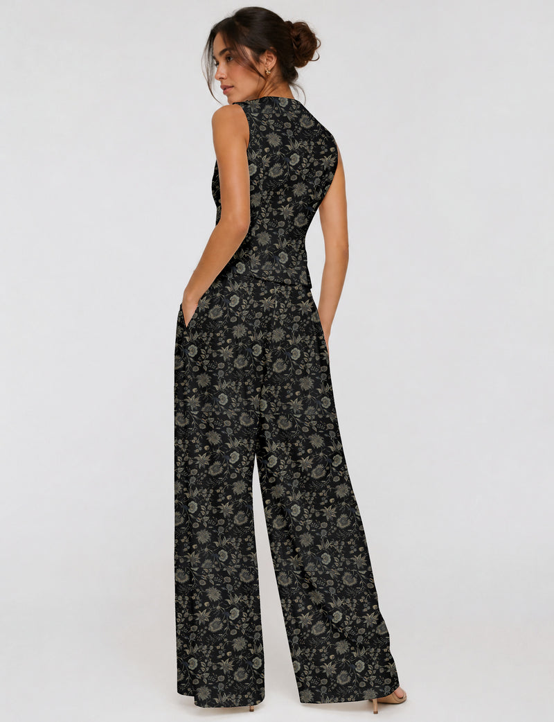 Women's tailored waistcoat set with a sleeveless V-neck button-front waistcoat and high-rise wide leg trousers in a coordinated matching outfit.