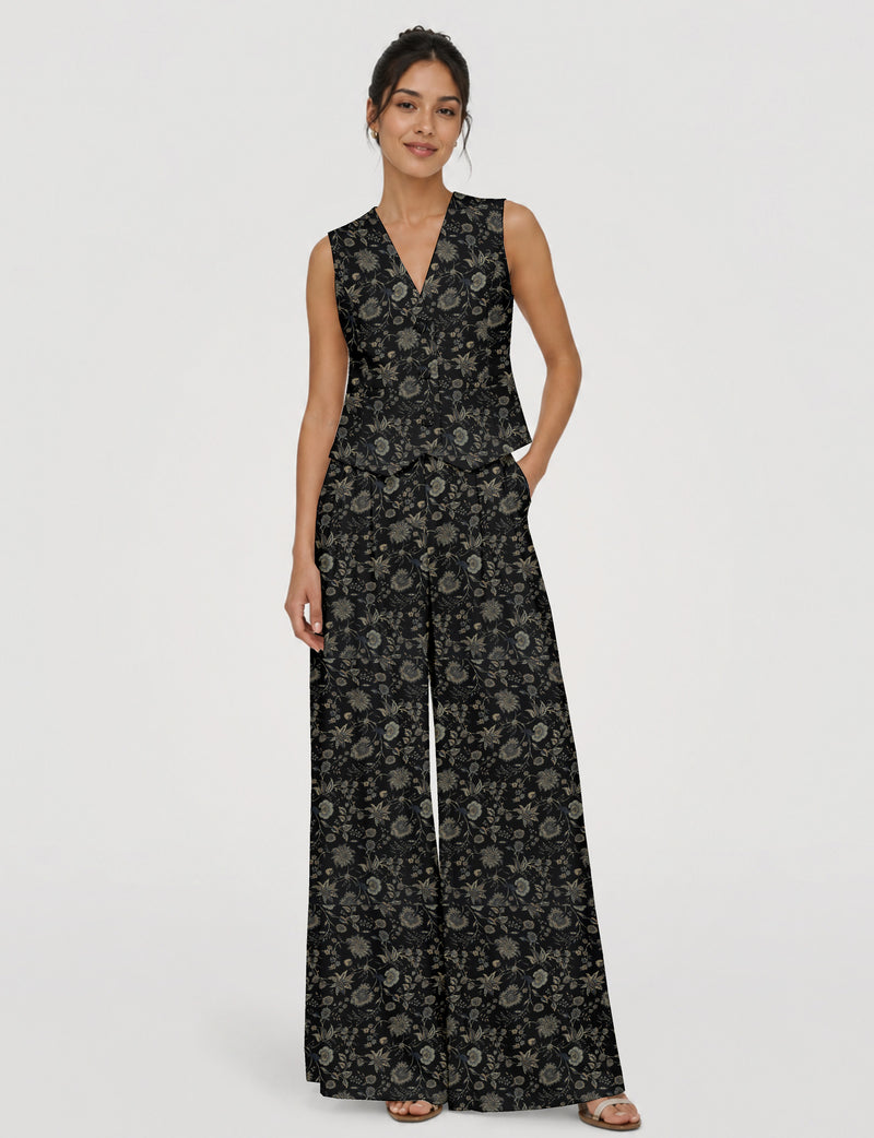 Women's tailored waistcoat set with a sleeveless V-neck button-front waistcoat and high-rise wide leg trousers in a coordinated matching outfit.