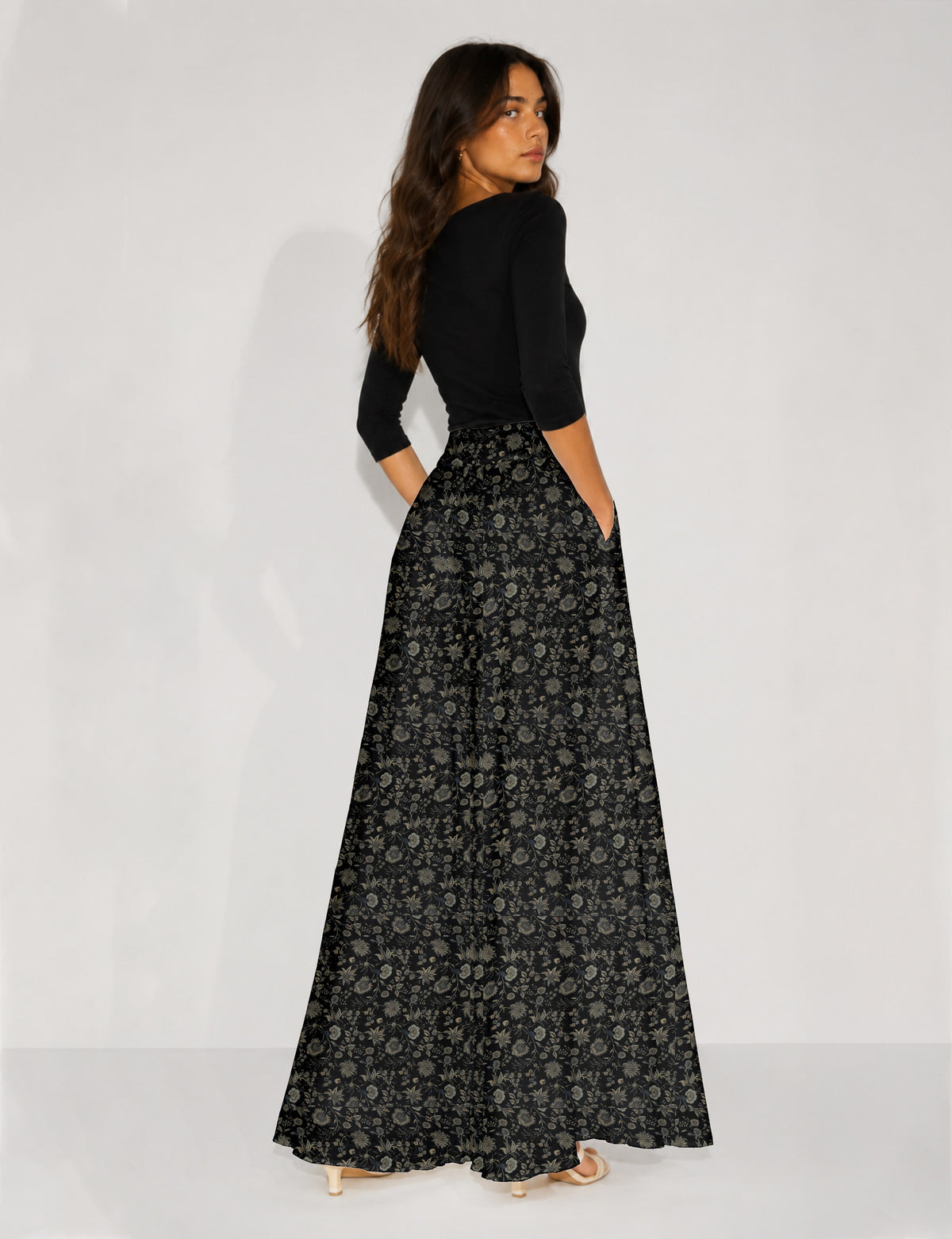 Wide Leg Palazzo Trousers - Black Floral