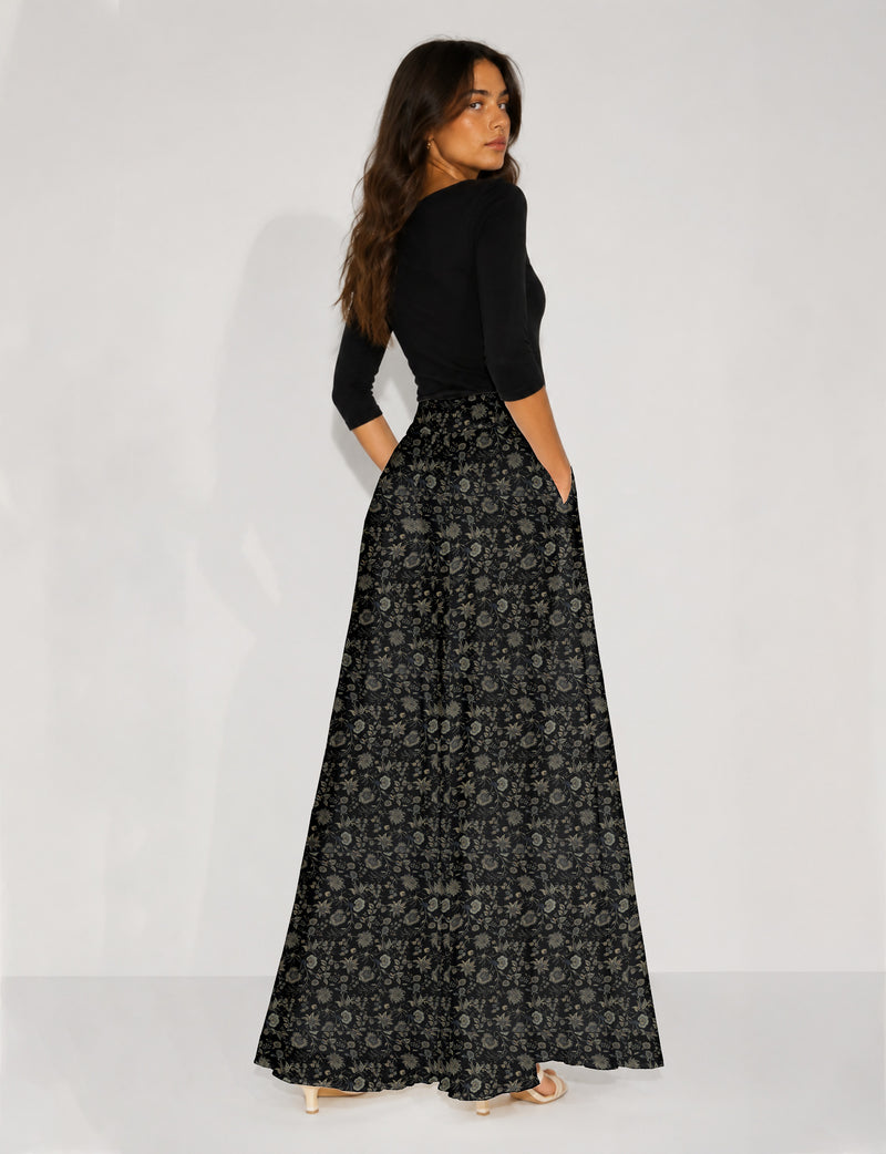 Wide Leg Palazzo Trousers - Black Floral