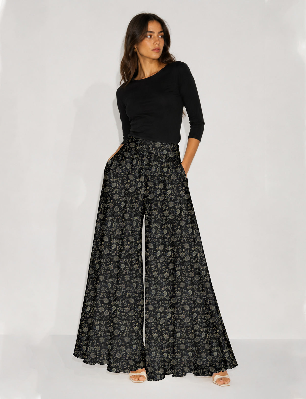 Wide Leg Palazzo Trousers - Black Floral