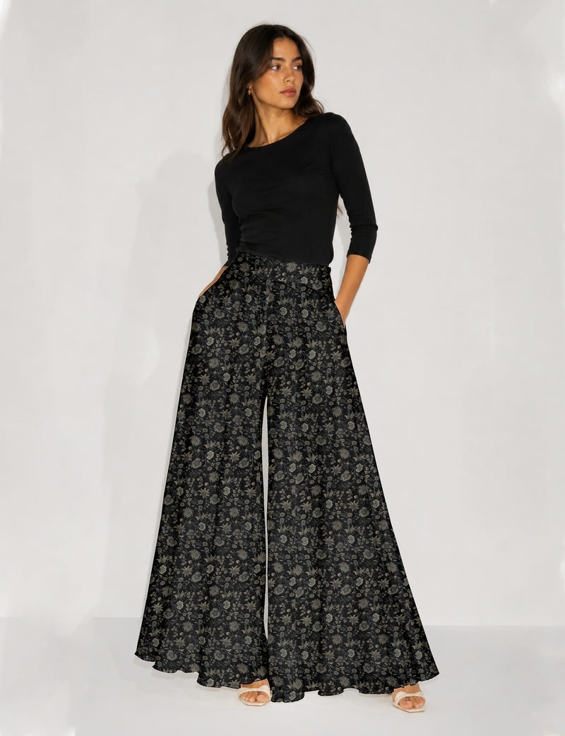 Wide Leg Palazzo Trousers - Black Floral