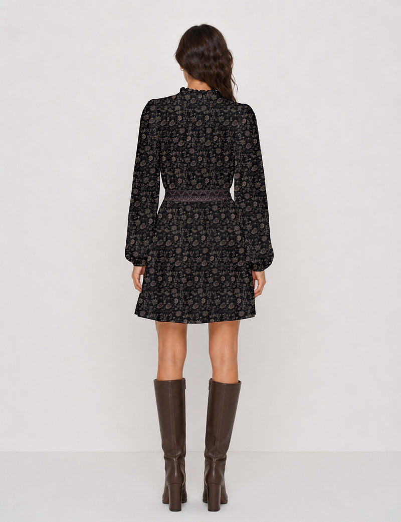Swing dress with belt - Black Floral