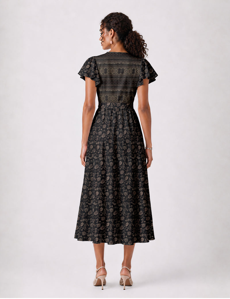 Elegant midi wrap dress with a V-neckline, adjustable waist tie, fitted bodice, and flared skirt for a timeless, flattering silhouette.