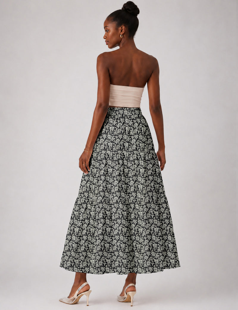 Midi Tiered Skirt - Black Floral
