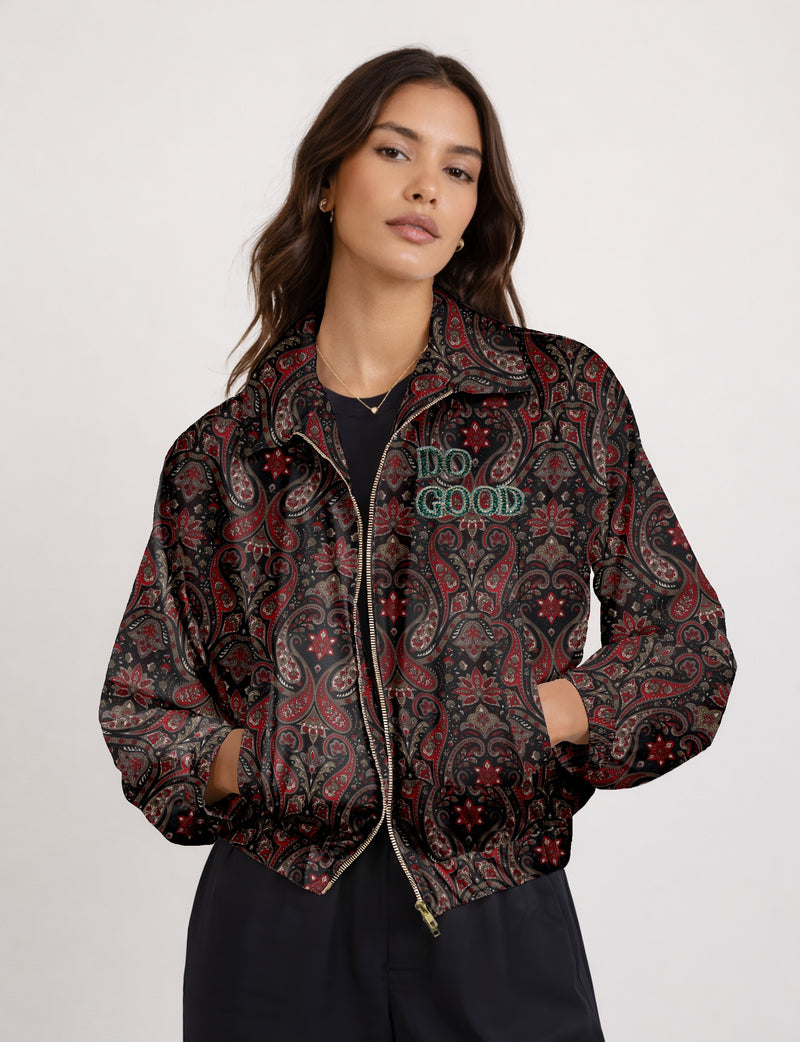 Green cropped bomber jacket with DO GOOD hand embroidery on the left chest and contrasting inner.
