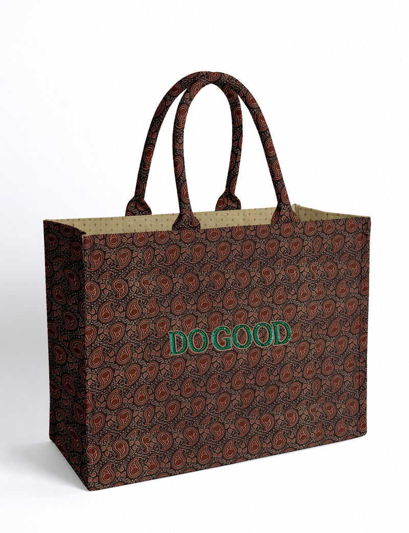 Structured DO GOOD work tote bag featuring embroidered appliqué lettering on the front, double padded shoulder handles and an internal zippered pocket.