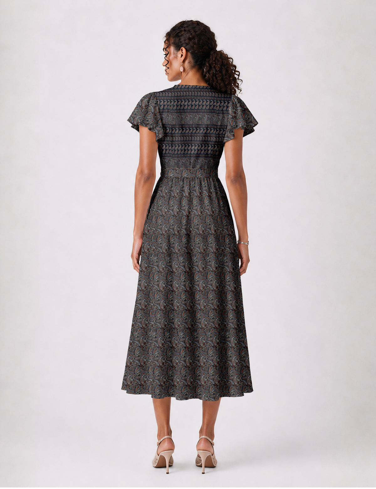 Elegant midi wrap dress with a V-neckline, adjustable waist tie, fitted bodice, and flared skirt for a timeless, flattering silhouette.