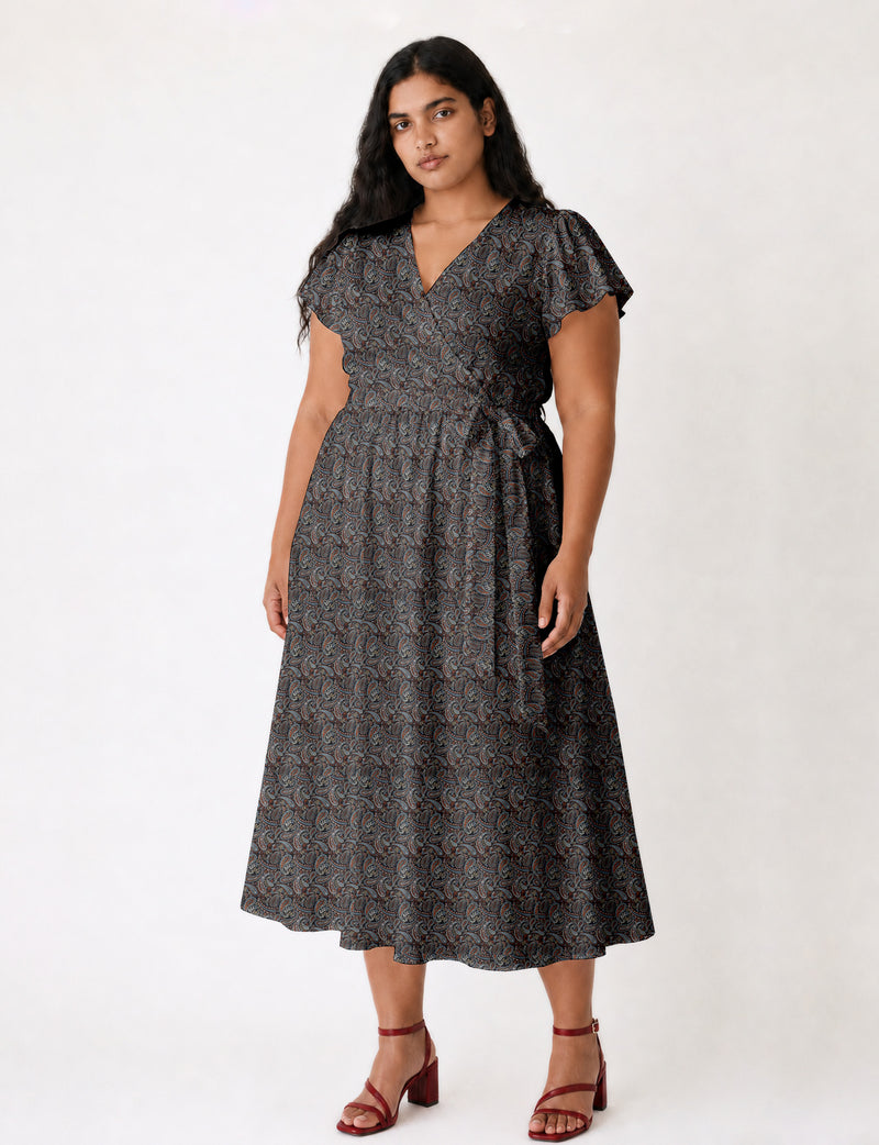 Elegant midi wrap dress with a V-neckline, adjustable waist tie, fitted bodice, and flared skirt for a timeless, flattering silhouette.