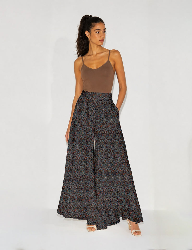 Wide Leg Palazzo Trousers - Black Paisley
