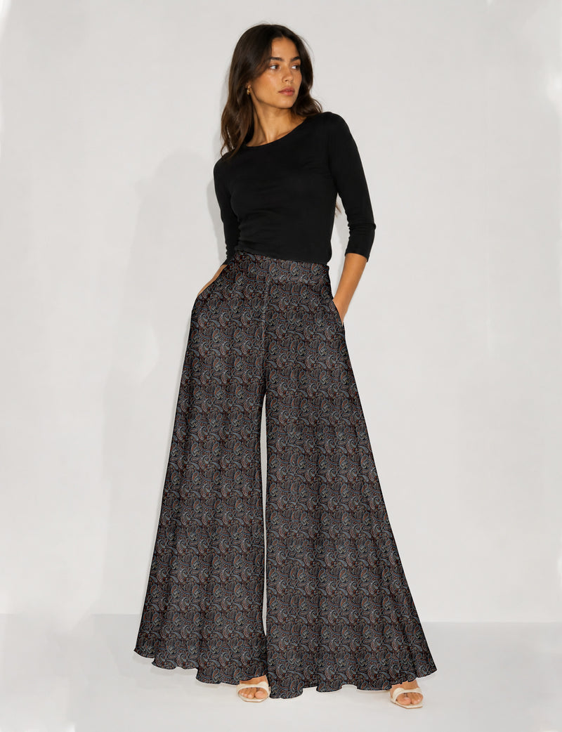 Wide Leg Palazzo Trousers - Black Paisley