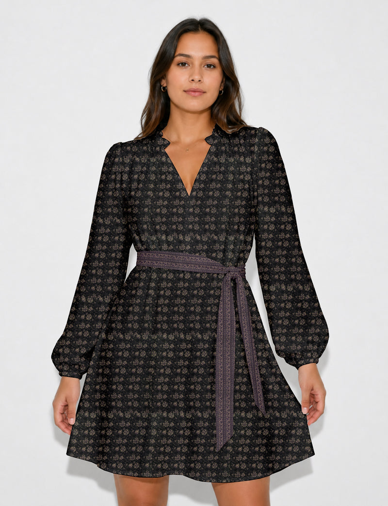 Swing dress with belt - Black Tropical