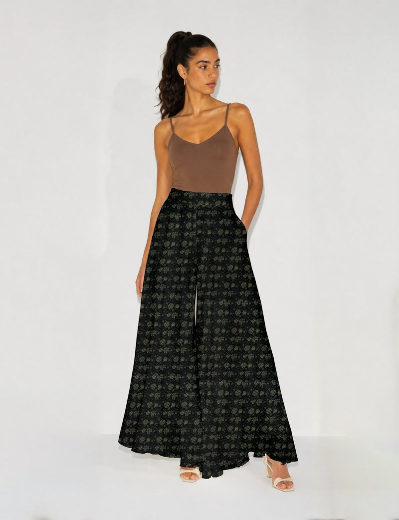 Wide Leg Palazzo Trousers - Black Tropical