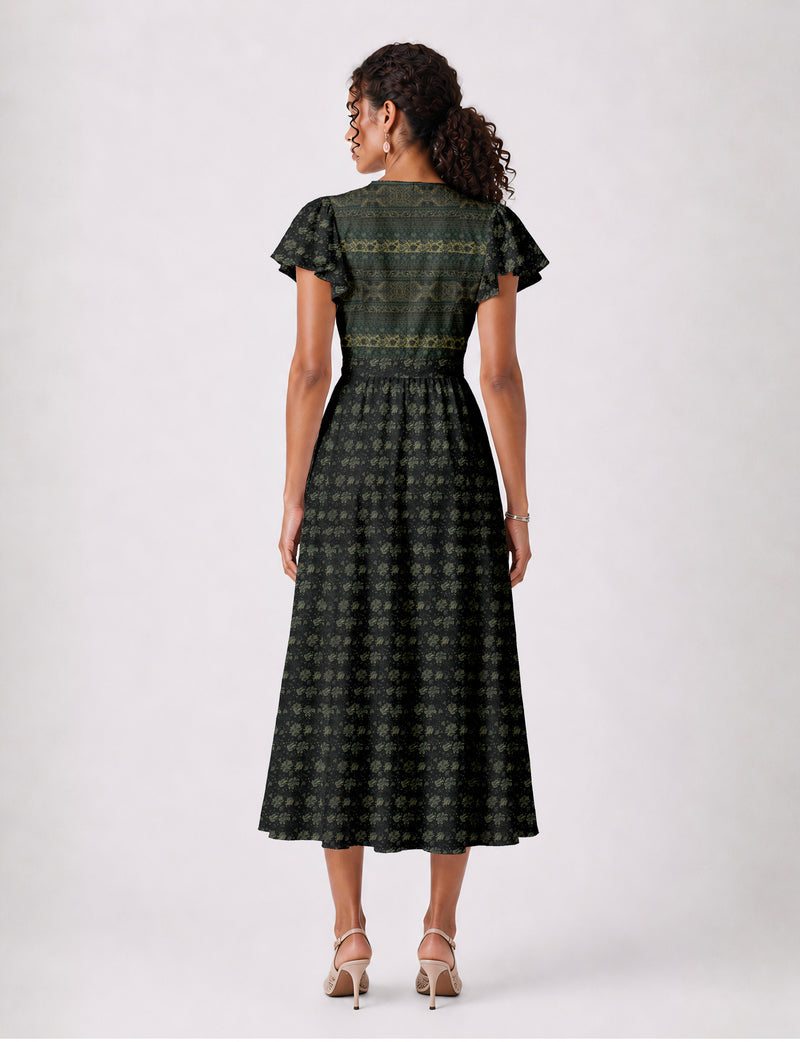 Elegant midi wrap dress with a V-neckline, adjustable waist tie, fitted bodice, and flared skirt for a timeless, flattering silhouette.