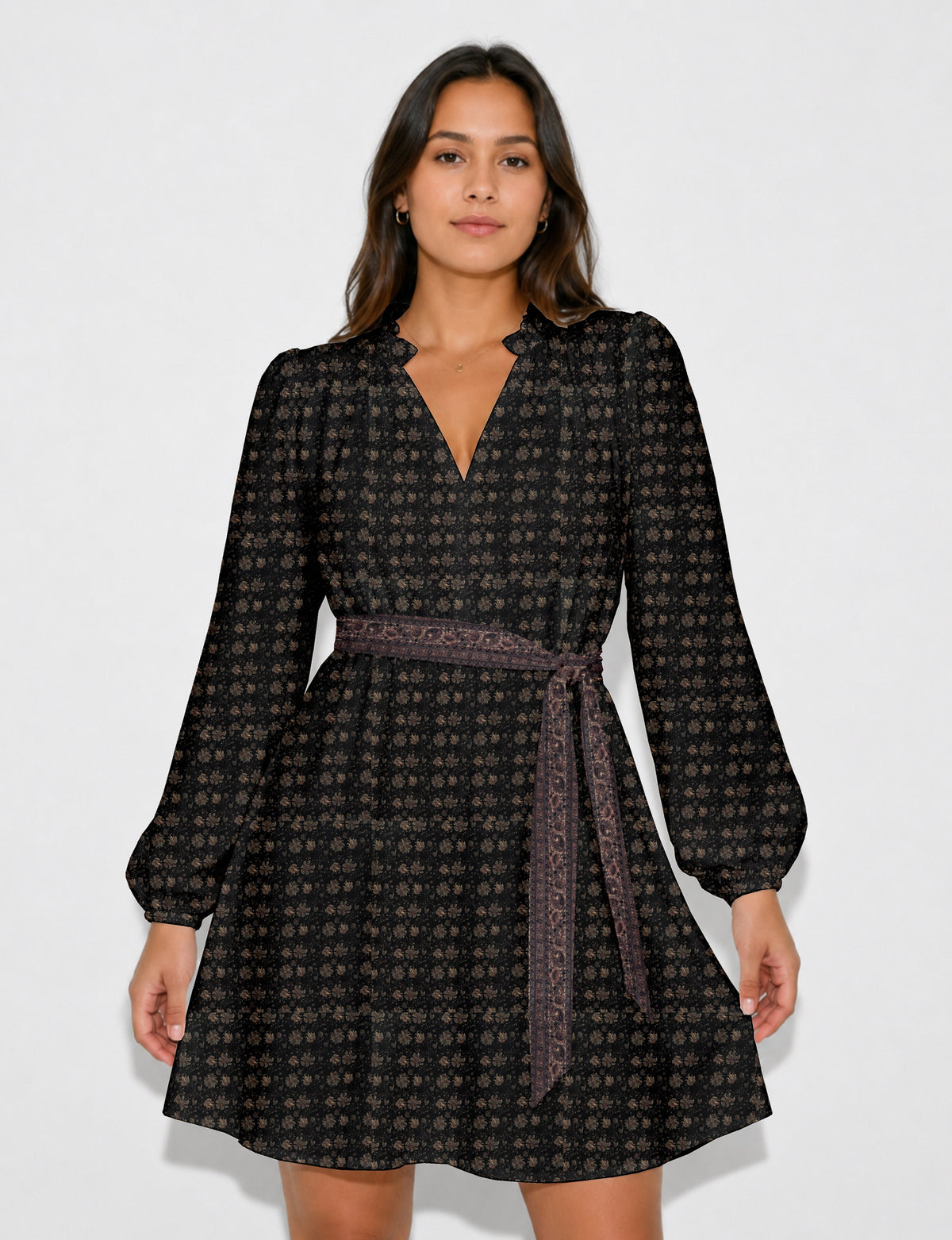 Swing dress with belt - Black Tropical