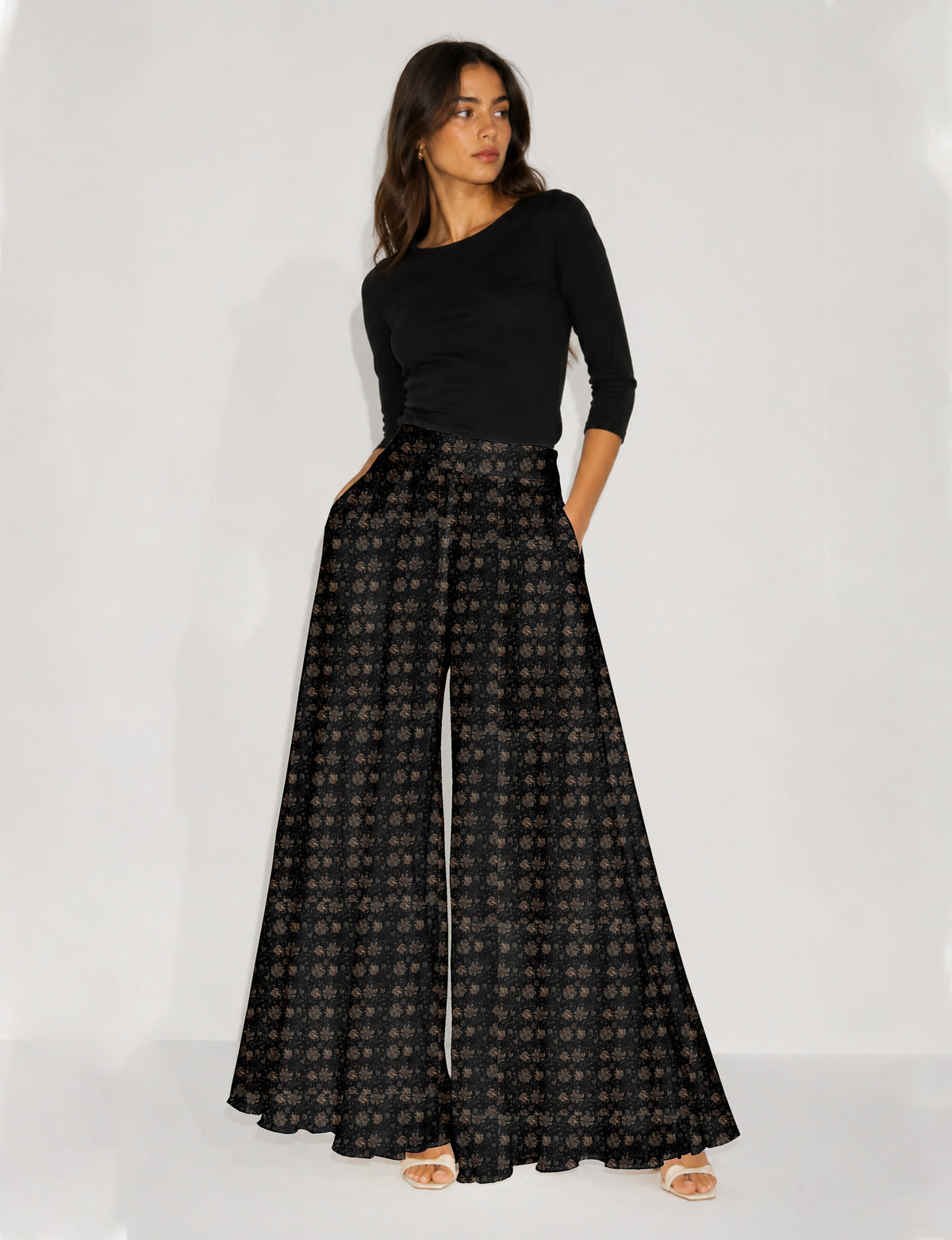 Wide Leg Palazzo Trousers - Black Tropical