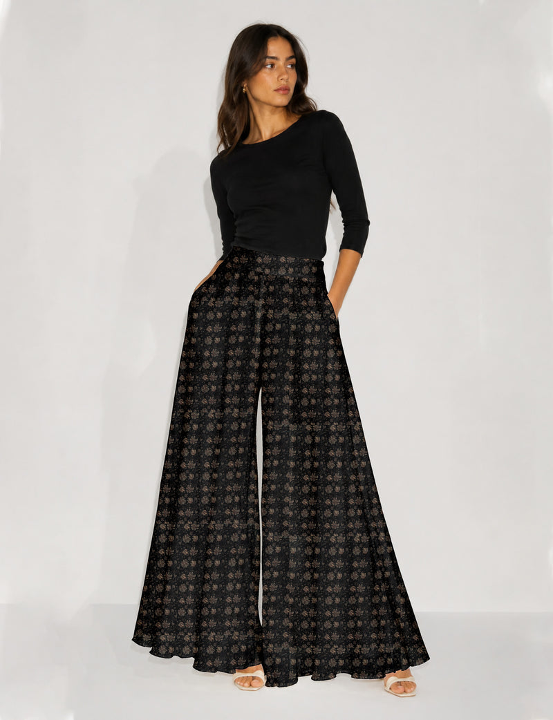 Wide Leg Palazzo Trousers - Black Tropical