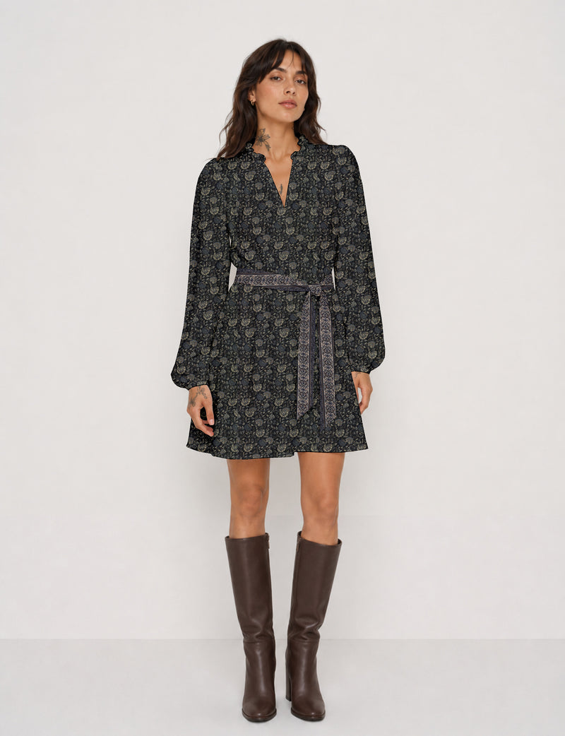 Swing dress with belt - Black Tropical