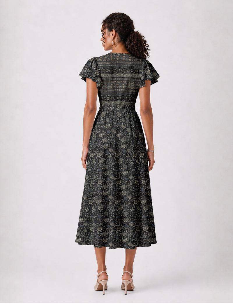 Elegant midi wrap dress with a V-neckline, adjustable waist tie, fitted bodice, and flared skirt for a timeless, flattering silhouette.