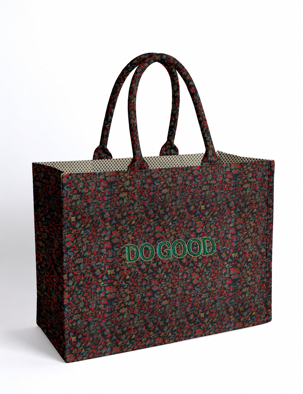 Structured DO GOOD work tote bag featuring embroidered appliqué lettering on the front, double padded shoulder handles and an internal zippered pocket.