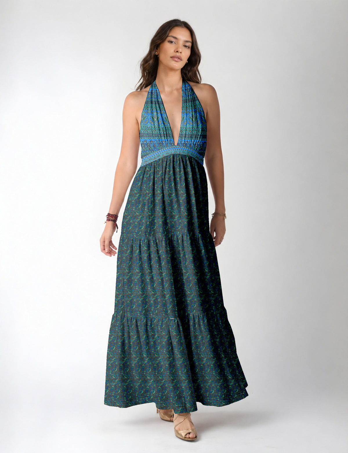 Maxi tiered dress by I was a Sari with halter neckline and flowy silhouette