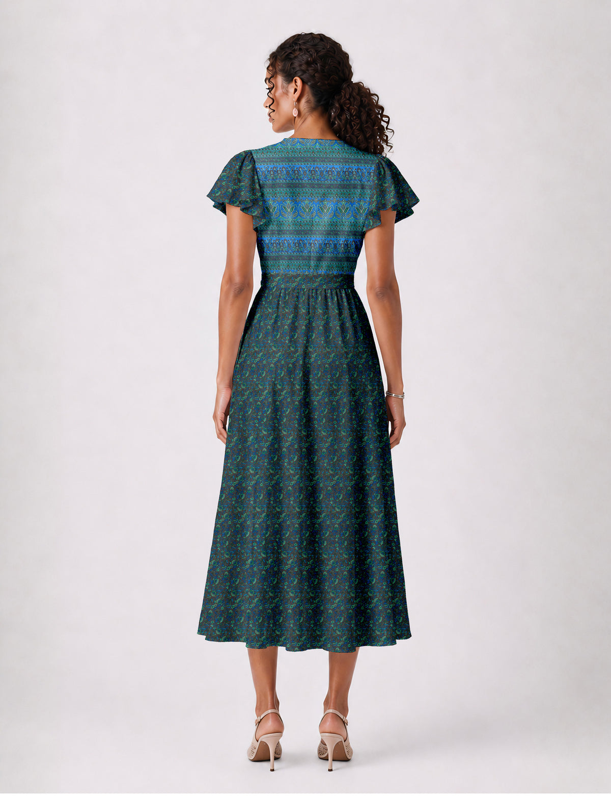 Elegant midi wrap dress with a V-neckline, adjustable waist tie, fitted bodice, and flared skirt for a timeless, flattering silhouette.