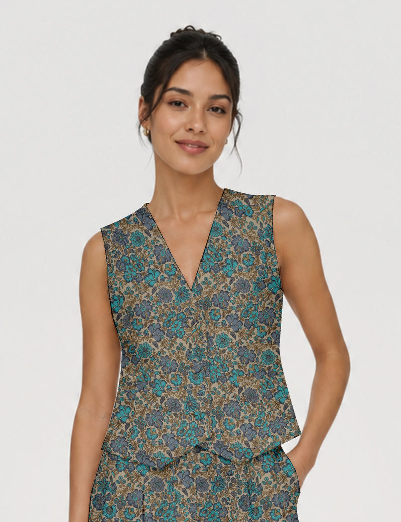 Women's fitted waistcoat with V-neck, single-breasted button closure, tailored silhouette, and pointed hem in sustainable fashion.