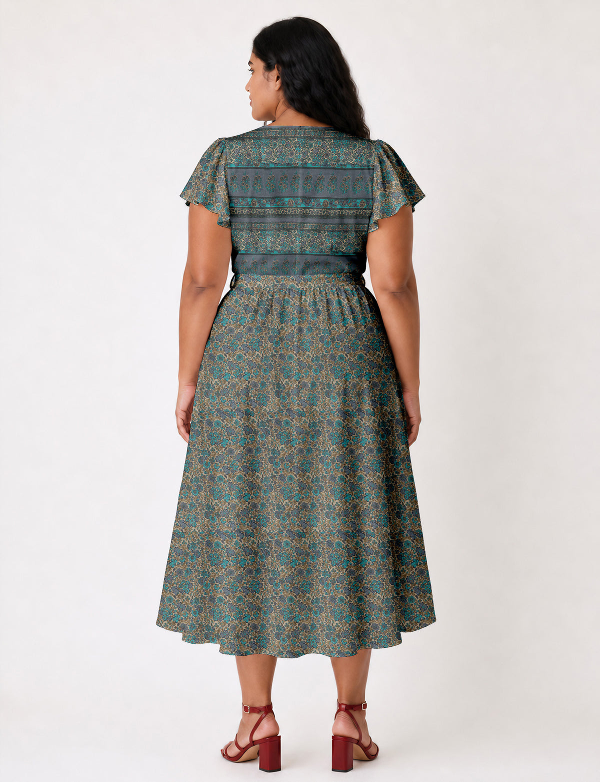 Elegant midi wrap dress with a V-neckline, adjustable waist tie, fitted bodice, and flared skirt for a timeless, flattering silhouette.