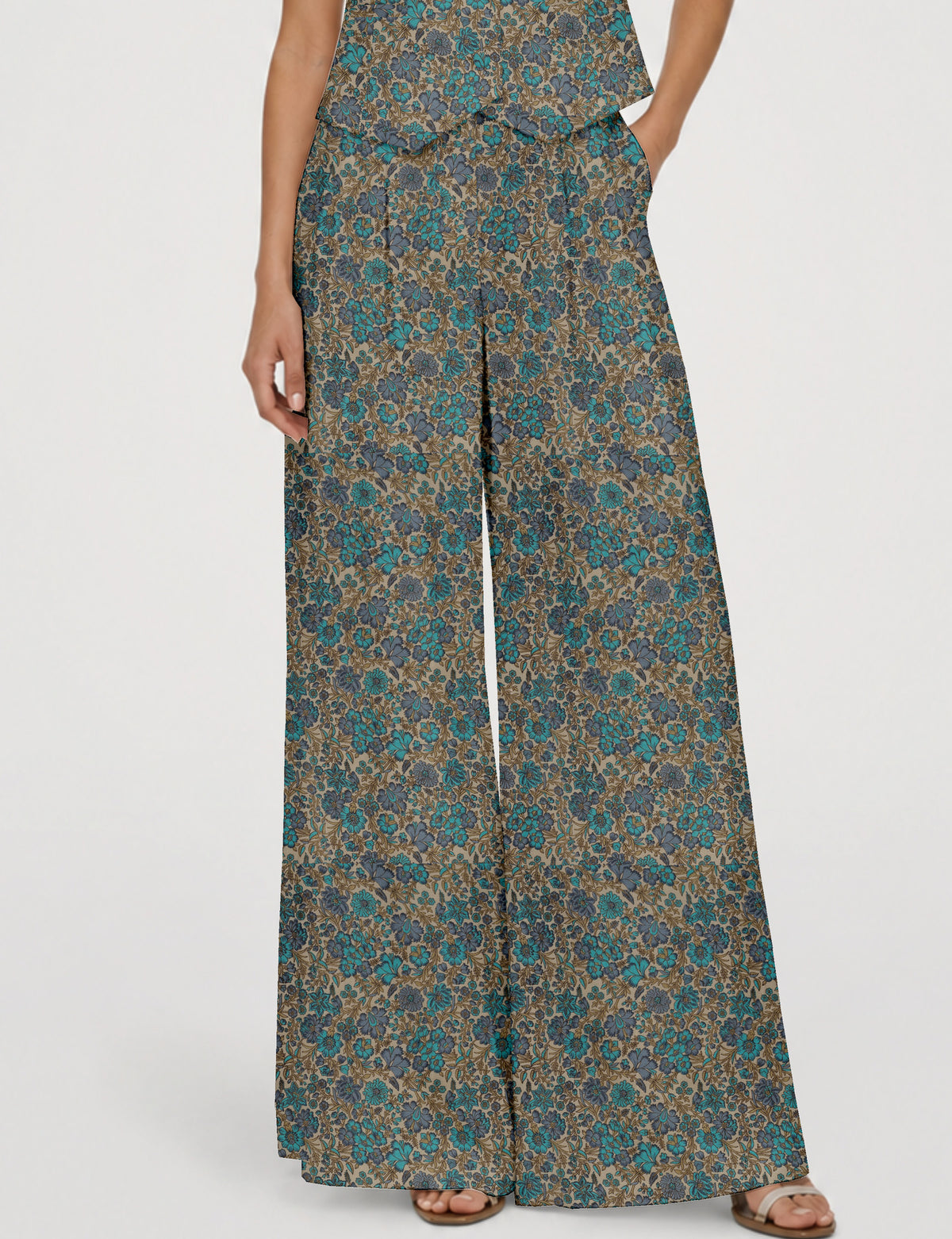Wide leg pleated trouser - Blue Floral