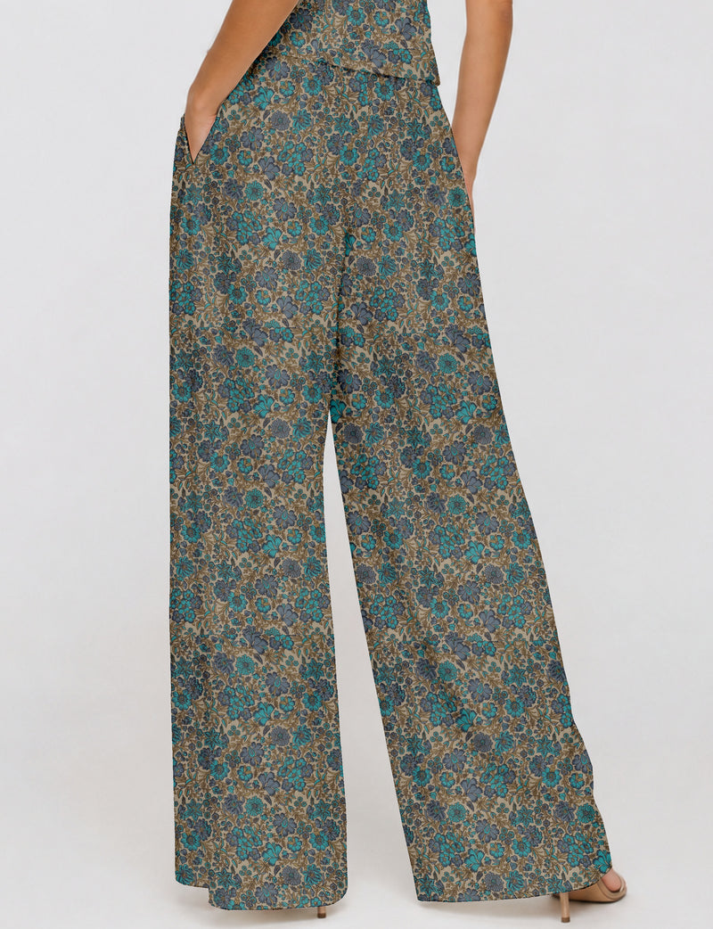 Wide leg pleated trouser - Blue Floral