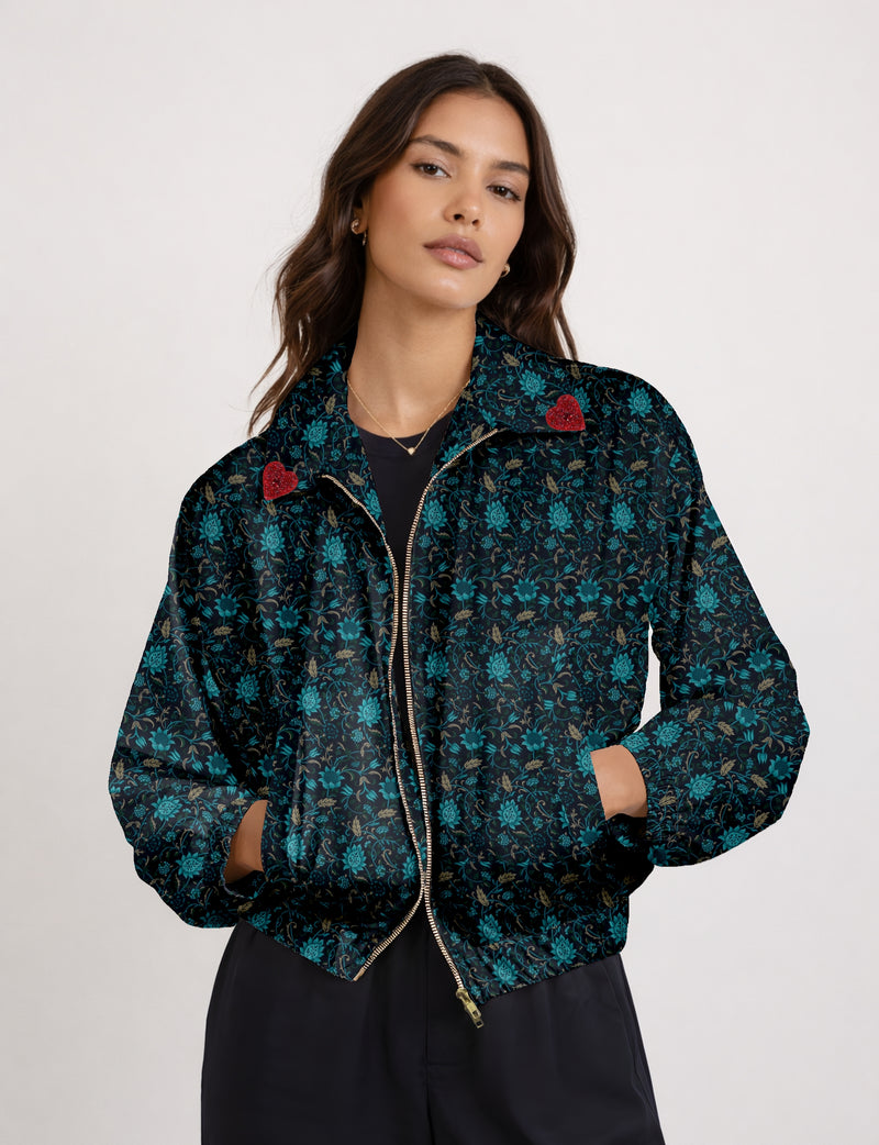 Love Bomber Jacket made from recycled fabric, featuring hand-stitched Aari embroidery. A unique piece of zero-waste clothing, part of the circular fashion movement. Designed with upcycled materials for a stylish yet environmentally friendly clothing choice.