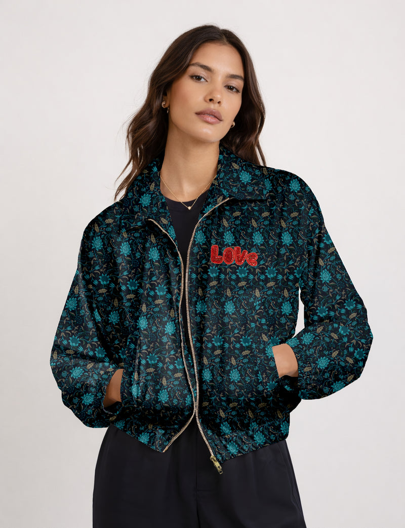 Love Bomber Jacket made from recycled fabric, featuring hand-stitched Aari embroidery. A unique piece of zero-waste clothing, part of the circular fashion movement. Designed with upcycled materials for a stylish yet environmentally friendly clothing choice.