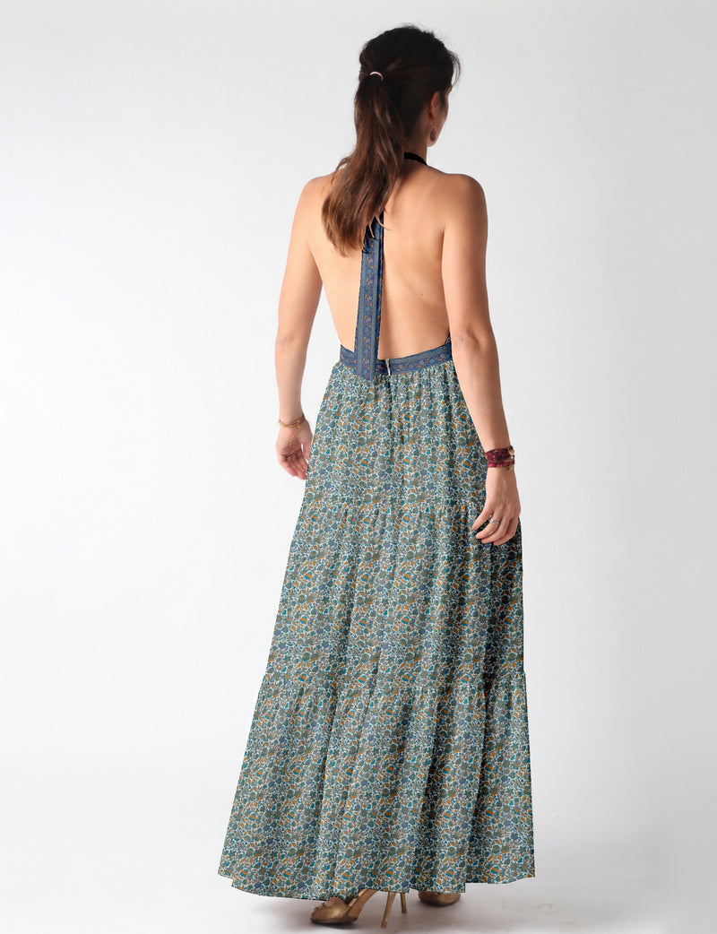 Maxi tiered dress by I was a Sari with halter neckline and flowy silhouette