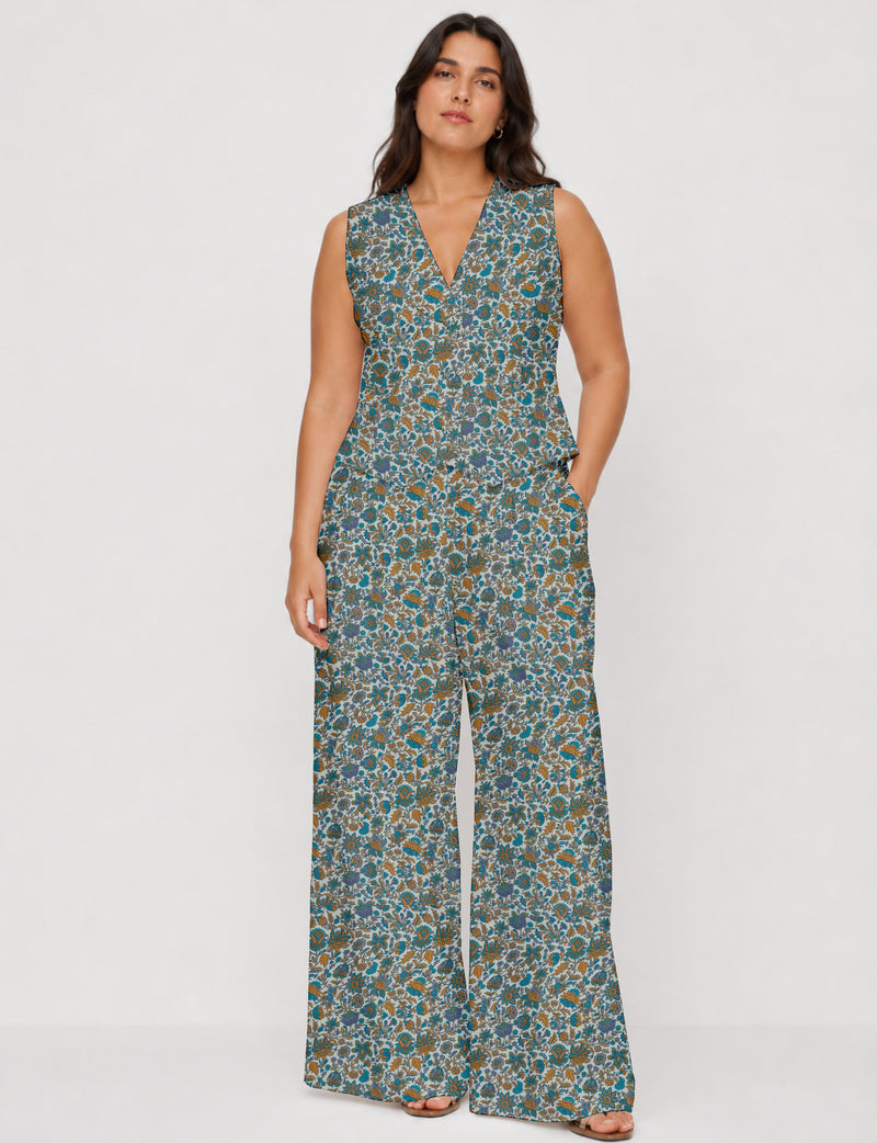 Women's tailored waistcoat set with a sleeveless V-neck button-front waistcoat and high-rise wide leg trousers in a coordinated matching outfit.