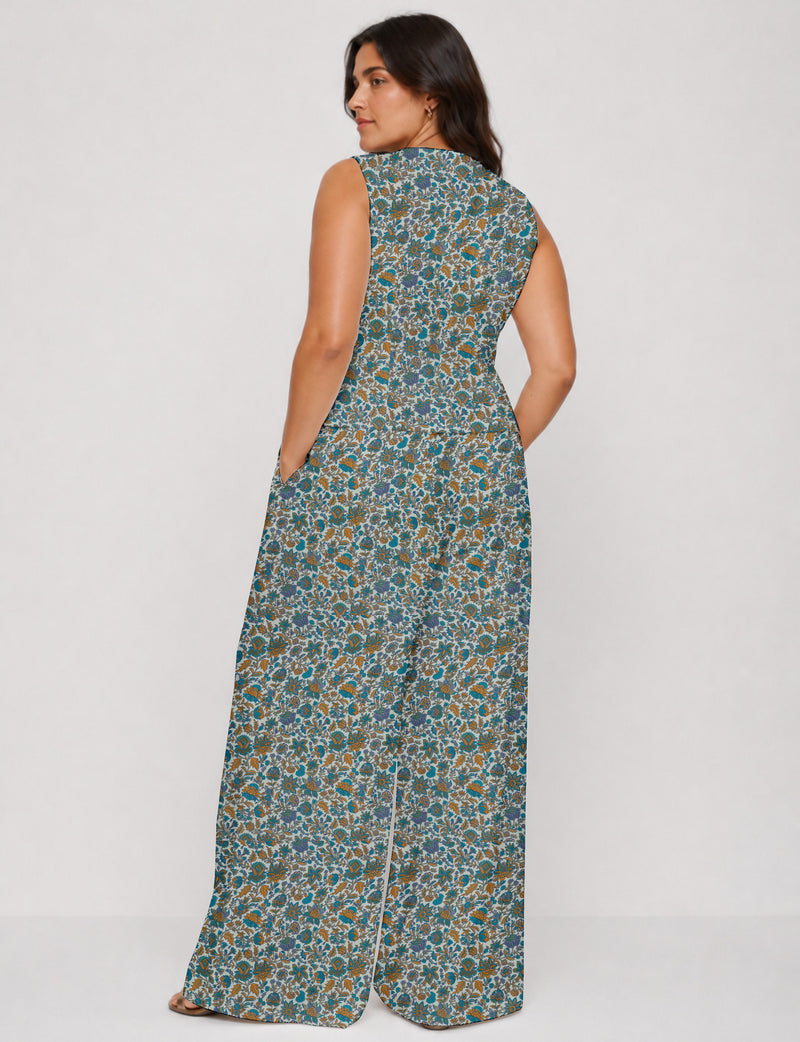 Women's tailored waistcoat set with a sleeveless V-neck button-front waistcoat and high-rise wide leg trousers in a coordinated matching outfit.
