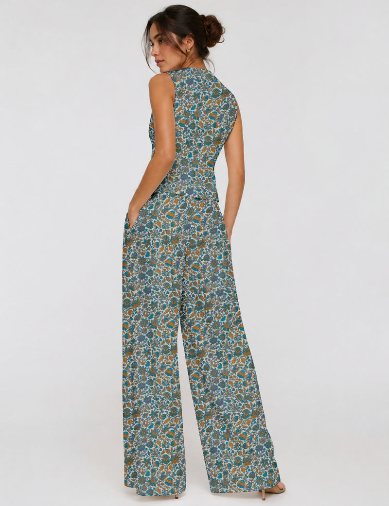 Women's tailored waistcoat set with a sleeveless V-neck button-front waistcoat and high-rise wide leg trousers in a coordinated matching outfit.
