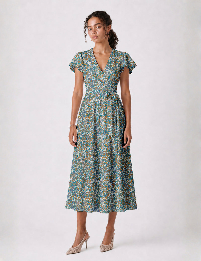 Elegant midi wrap dress with a V-neckline, adjustable waist tie, fitted bodice, and flared skirt for a timeless, flattering silhouette.