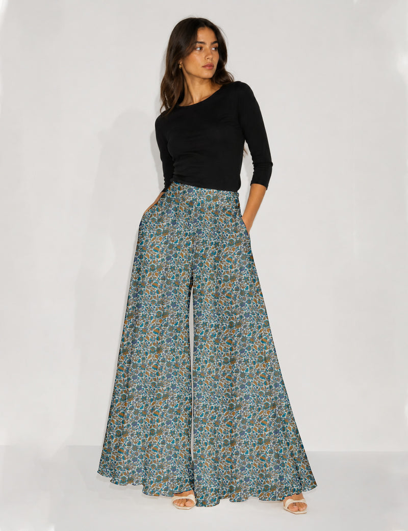 Wide Leg Palazzo Trousers - Blue Floral