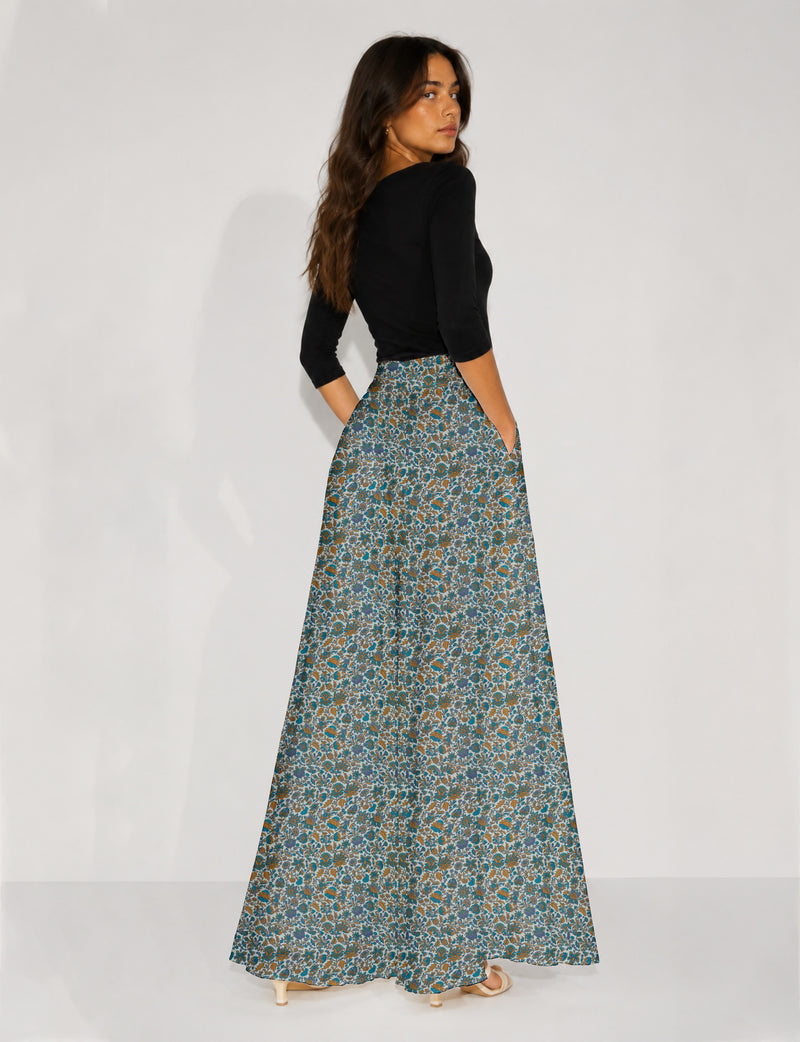 Wide Leg Palazzo Trousers - Blue Floral