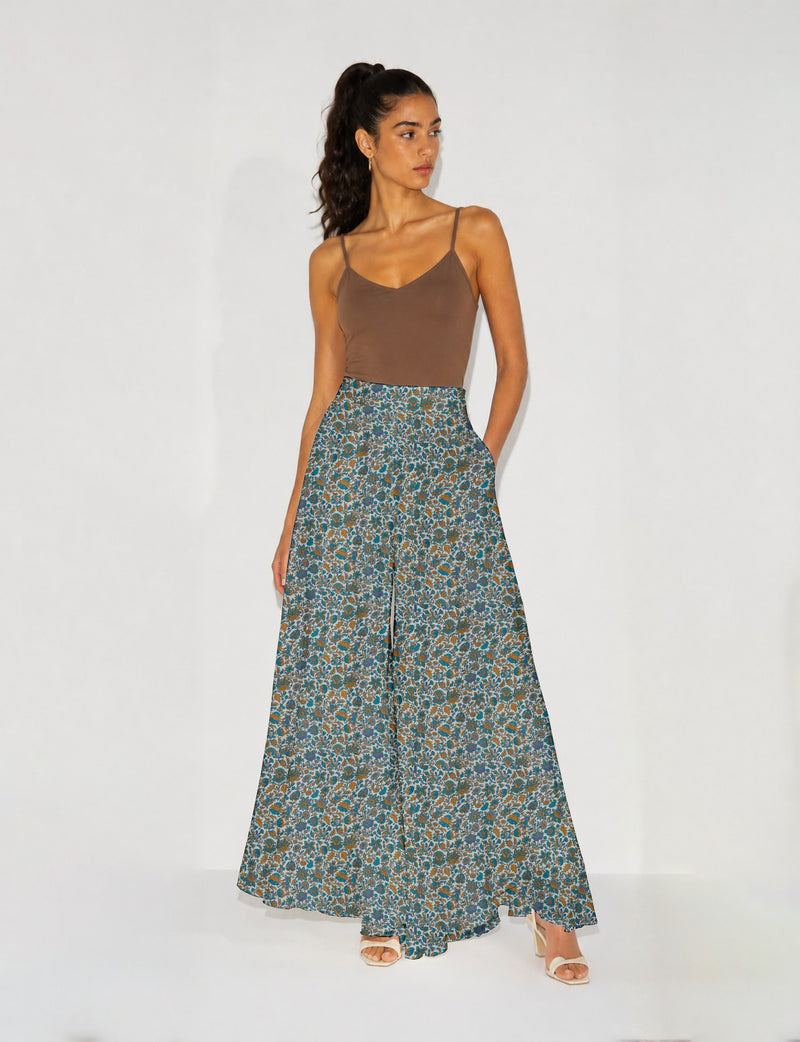 Wide Leg Palazzo Trousers - Blue Floral