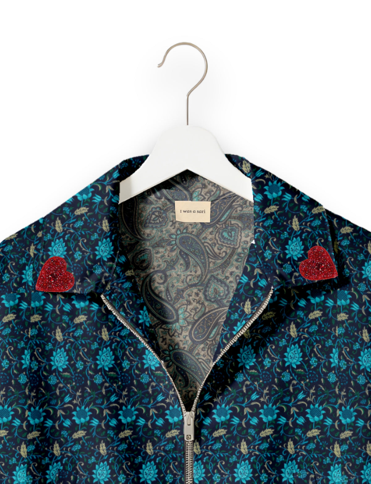 Love Bomber Jacket made from recycled fabric, featuring hand-stitched Aari embroidery. A unique piece of zero-waste clothing, part of the circular fashion movement. Designed with upcycled materials for a stylish yet environmentally friendly clothing choice.